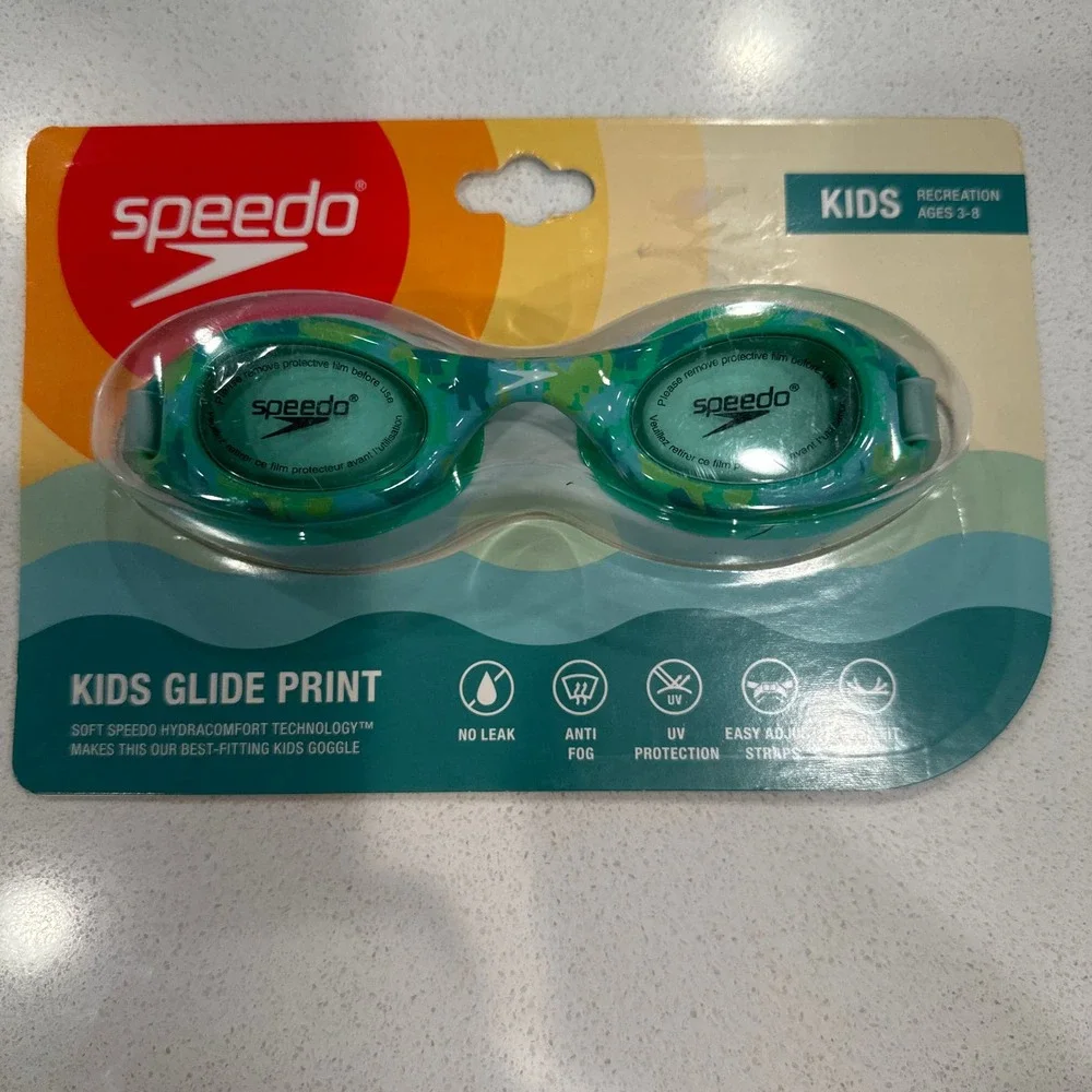 NEW Speedo Kids Junior Glide Print Teal Goggles Blue sz 3-8